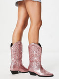 Pink Glitter Embroidered Cowgirl Wide Mid Calf Boots Block Heeled Western Boots