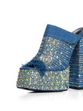 Iridescent Rhinestones Frayed Open-toe Slip-on Denim Platform Sandals