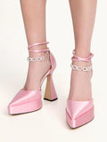 Pink Silk Rhinestone Bow Chain Pointy Platform Pumps With Ankle Strap Flared Heel