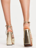 Metallic Gold Square Toe Block Heeled Pumps With Ankle Strap Platform