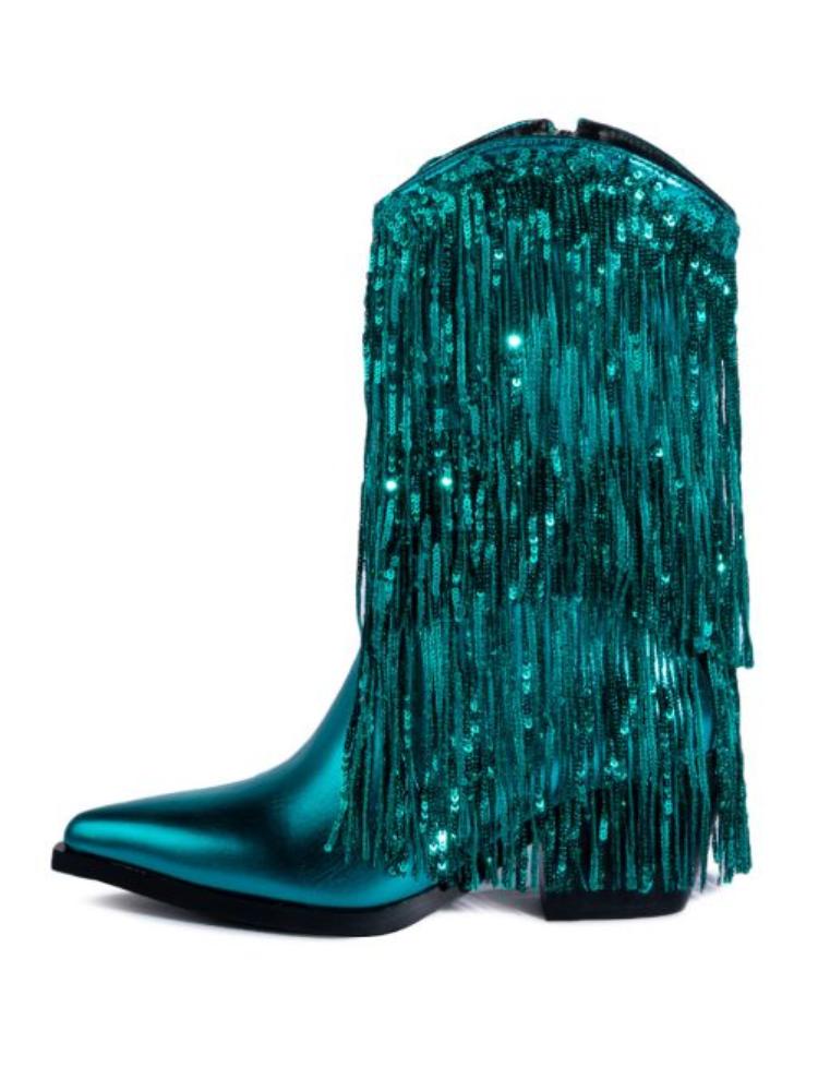 Metallic Sequin Fringed Zipper Pointy Chunky Heeled Western Cowgirl Ankle Boots