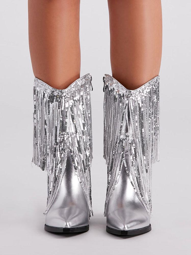 Metallic Sequin Fringed Zipper Pointy Chunky Heeled Western Cowgirl Ankle Boots