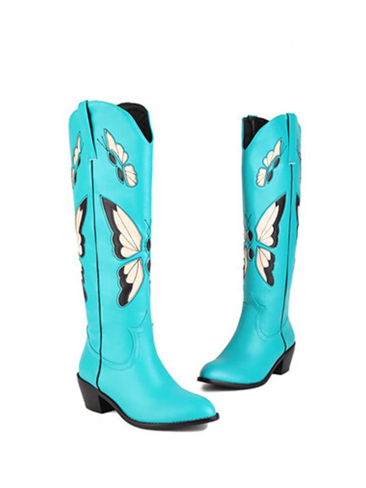 Butterfly Embroidery Pointed-toe Chunky Heels Wide Slip-on Knee High Cowgirl Boots