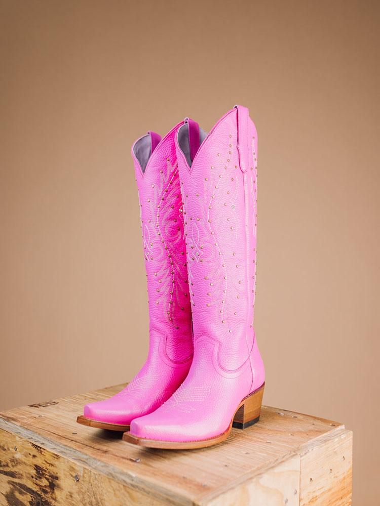 Pink Embroidered Stud Snip Zipper Mid Calf Cowgirl Boots