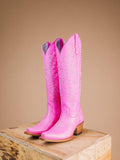 Pink Embroidered Stud Snip Zipper Mid Calf Cowgirl Boots