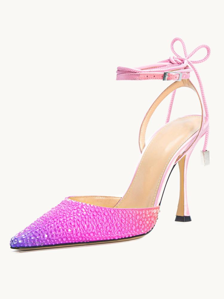 Ombre Pink Rhinestone Tie-Up Pumps With Pointed Toe Flared Heel Ankle Strap