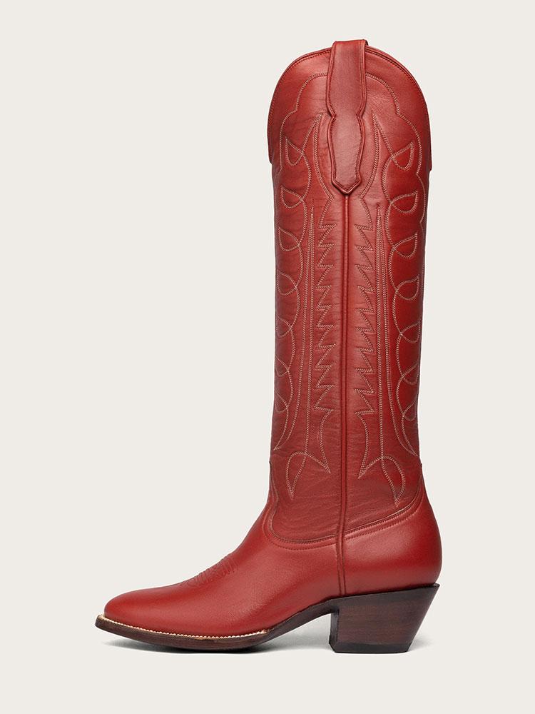 Embroidered Round Wide Mid Calf Western Boots - Navy Blue & Red