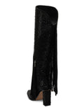 Black Rhinestone Fringe Block Heeled Knee High Tall Boots With Zip Square Toe Wide Calf