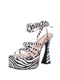 Zebra-stripe Multi-strap Square-toe Flared Heel Platform Sandals With Self-tie