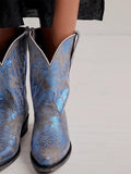 Blue Distress Lightning Embroidered Snip Wide Mid Calf Cowgirl Genuine Leather Boots