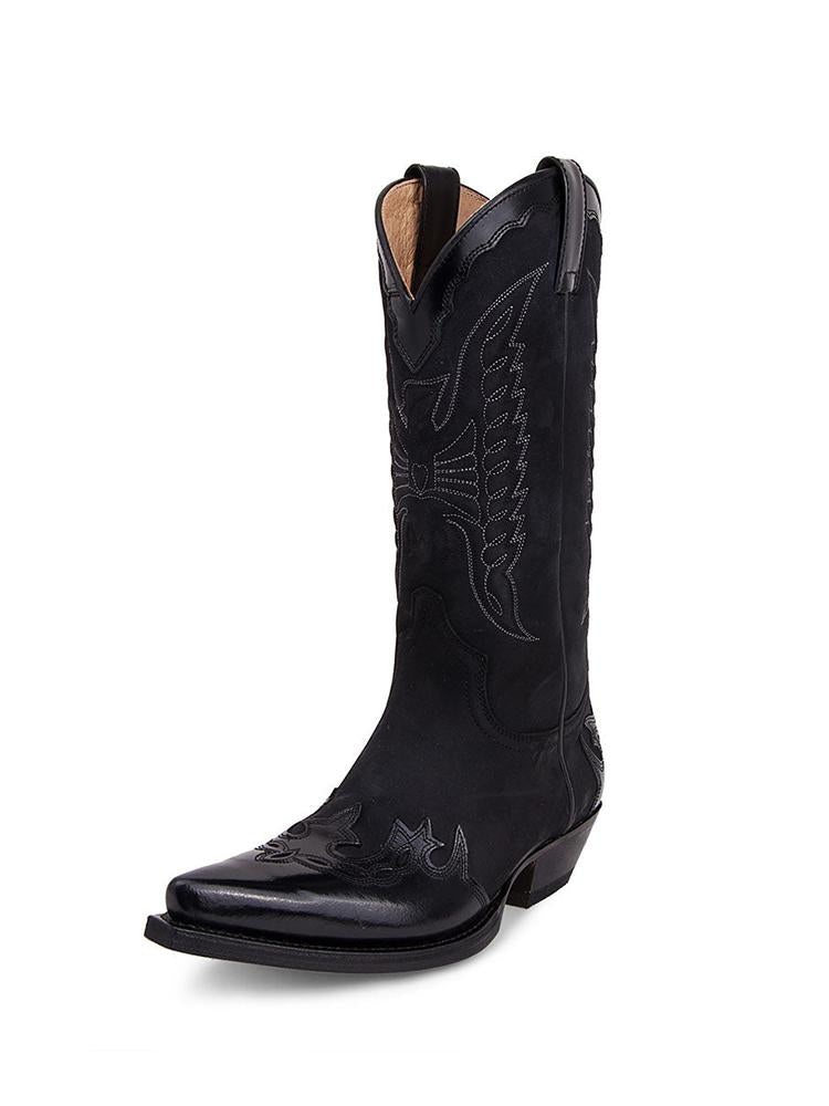 Eagle Embroidered Vegan Leather Inlay Pointed-toe Wide Slip-on Mid-Calf Cowboy Boots For Women