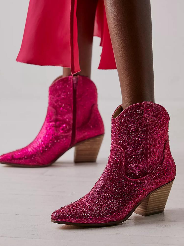 Rhinestone Zipper Round Toe Cowgirl Ankle Boots In Hot Pink Black Red