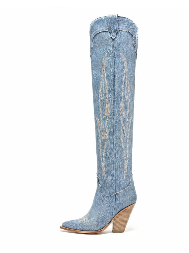 Denim Embroidered Chunky Heel Zipper Western Over-The-Knee Boots