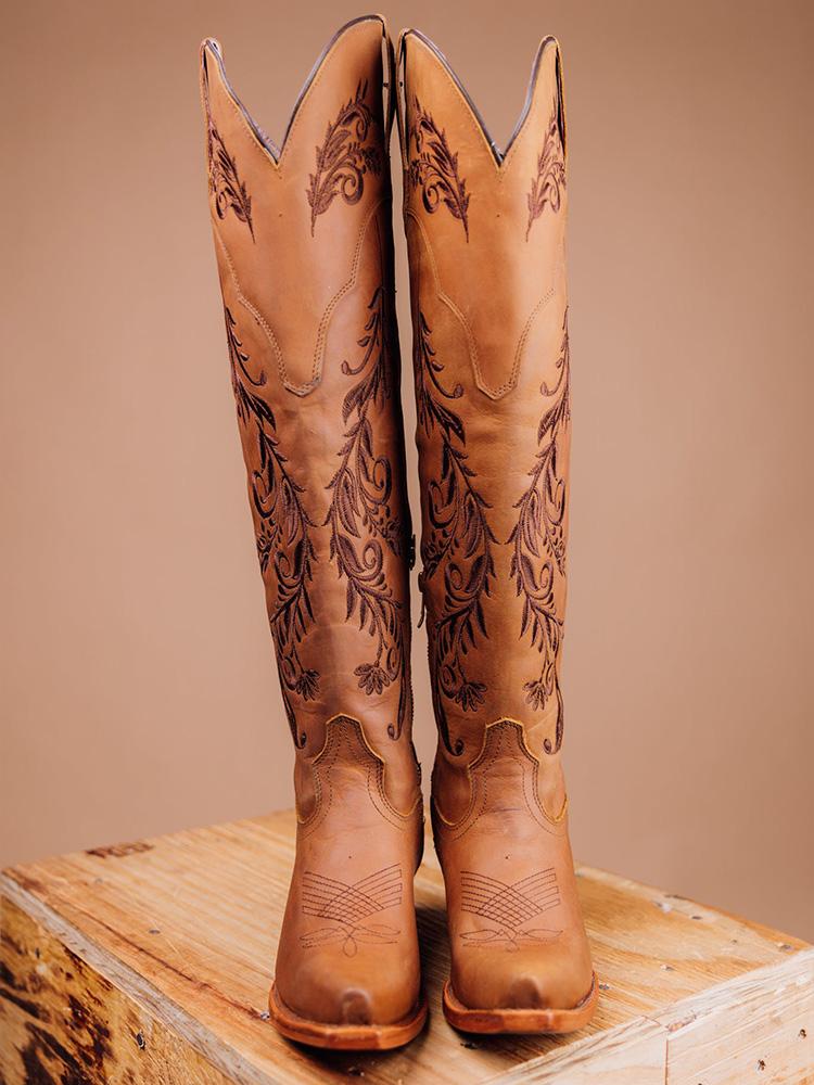 Tawny Floral Embroidered Snip Zip Western Knee-High Boots