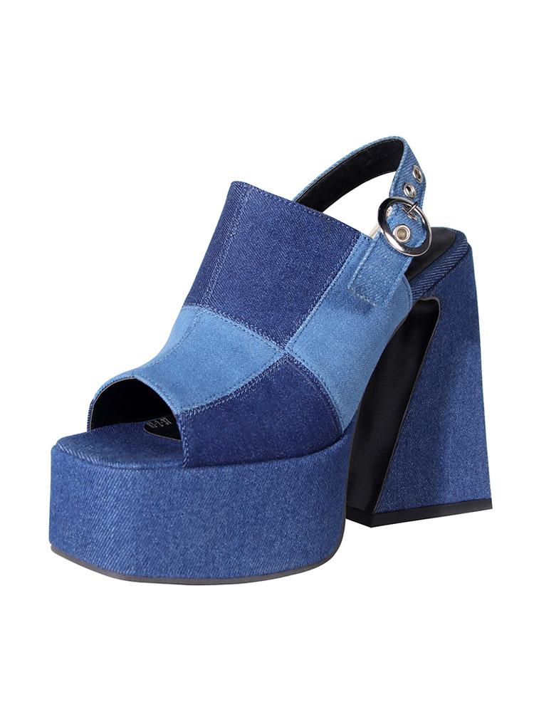 Splice Blue Denim Square-toe Chunky High Heel Fashion Platform Sandals With Buckle Adjustable-strap