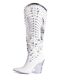 Eagle Rhinestone Zip Pointy Block Cut-Out Heel Western Cowgirl Mid Calf Boots