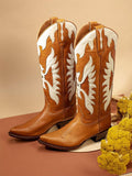 Brown Eagle Inlay Wide Mid Calf Western Boots With Pointed Toe