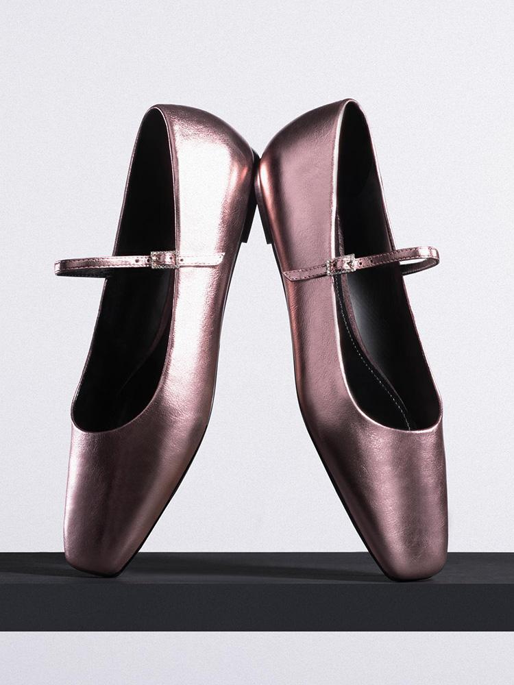 Metallic Buckled Strap Square Ballet Flats Mary Jane