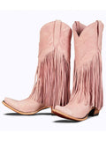 Light Pink Winged Heart Pattern Fringe Snip Western Mid Calf Boots