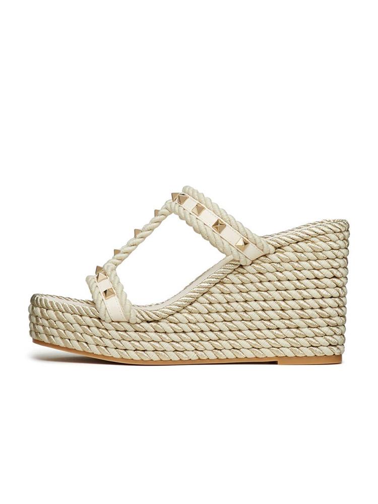 Ivory White H-Band With Rockstuds Open-toe Slip-on Espadrille Wedge Sandals