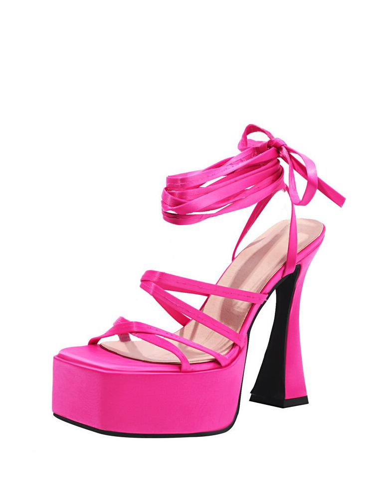 Zebra-stripe Multi-strap Square-toe Flared Heel Platform Sandals With Self-tie