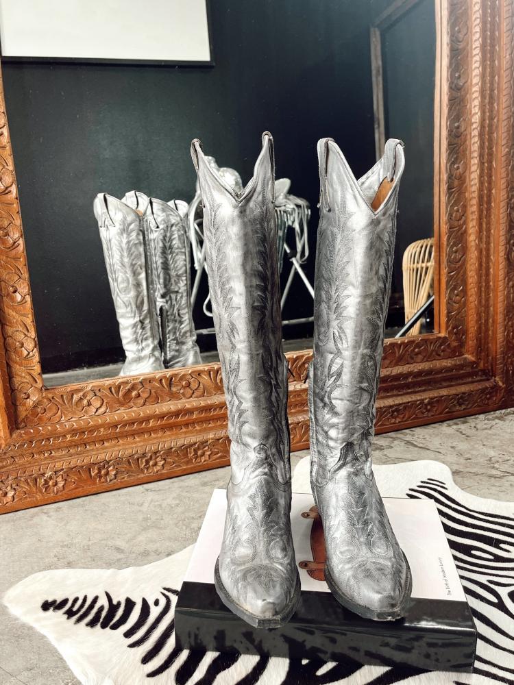 Embroidered Zip Snip Knee High Western Boots - Distressed White & Metallic Silver