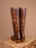 Brown Floral Embroidered Zip Square Mid Calf Cowgirl Genuine Leather Tall Boots