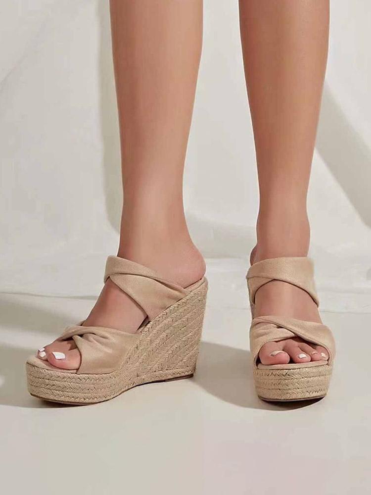 Cloth Two Bands Open-toe Slip-on Espadrille Wedge Sandals