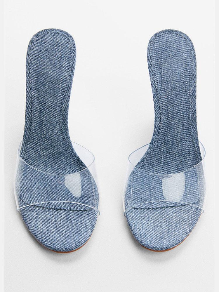 Denim Blue Clear Round Toe Wedge Heeled Backless Slip-On Sandals