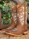 Women Mid Calf Cowboy Boots Embroidered Floral Square Toe Chunky Heel Western Boots