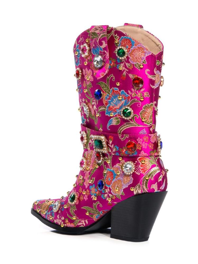 Metallic Hot Pink Satin Floral Embroidery Rhinestone Mid Calf Cowgirl Boots With Ankle Strap