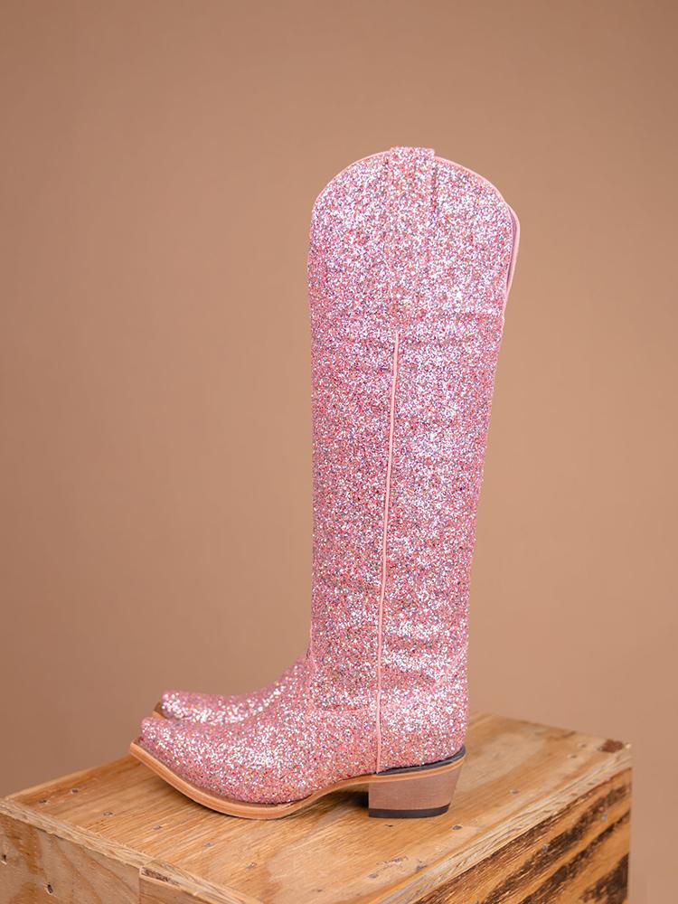 Glitter Snip Zipper Mid Calf Cowgirl Boots - Silver & Light Pink