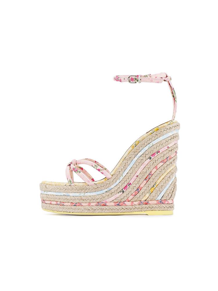 Pink Floral Multi Bands Knot Open-toe Espadrille Wedge Sandals With Buckle Ankle Strap