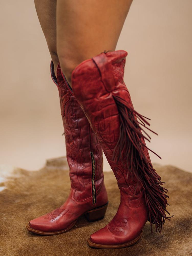 Eagle Wing Embroidered Fringe Snip Zip Knee High Western Boots