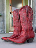 Red Embroidered Snip Toe Thick Heeled Wide Calf Retro Tall Cowgirl Boots
