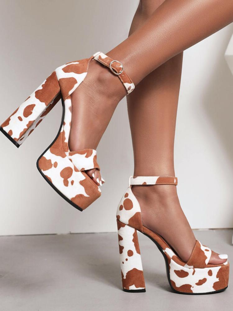 Cow Print Round Toe Block Heeled Sandals With Ankle Strap Platform