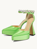 Green Silk Rhinestone Bow Chain Pointy Platform Pumps With Ankle Strap Flared Heel