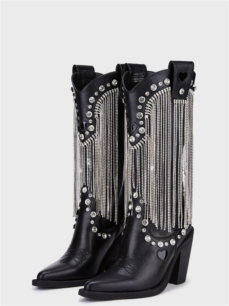 Rhinestone Fringe Pointy Zip Mid-Calf Cowgirl Boots