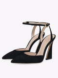 Women's Black Pumps For Wide Feet Ankle Strap Ribbon Buckle High Heeled Pumps