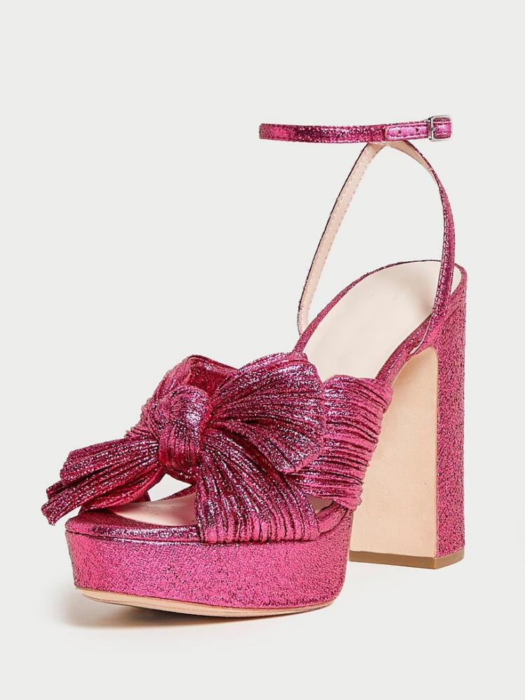 Pink Fine Glitter Pleated Bow Platform Heels Block Heel Sandals For Wide Feet