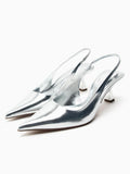 Metallic Silver Pointy Kitten Slingback Pumps For Women