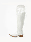 White Pearl Embroidered Snip Toe Lace-Up Over-The-Knee Boots Western Cowgirl Tall Heeled Boots