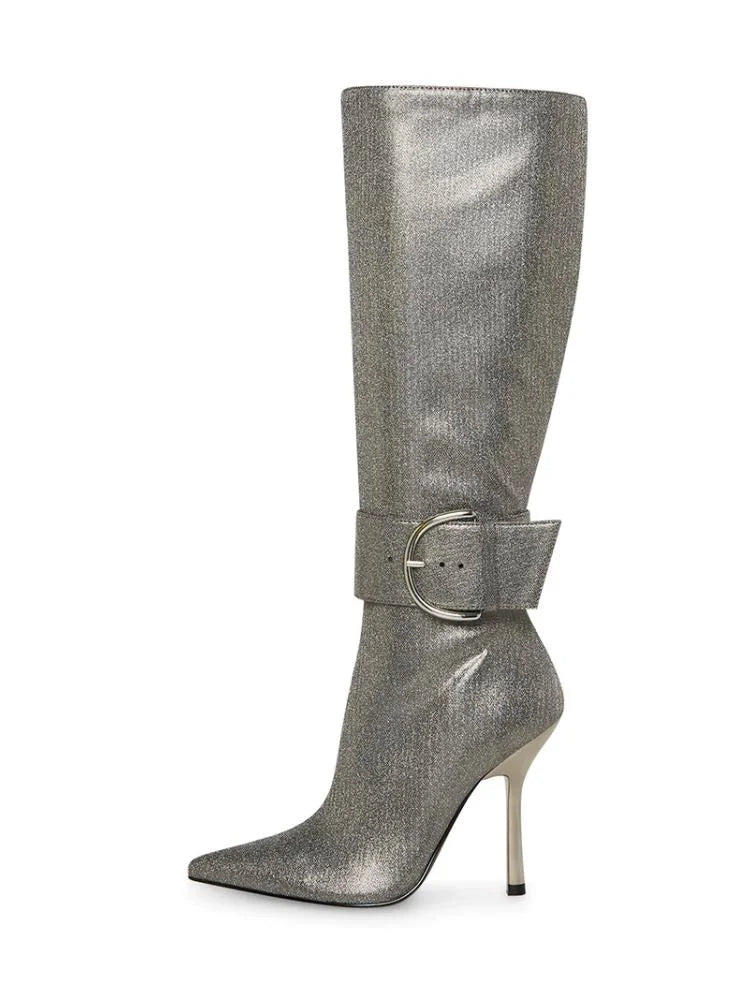 Fine Metallic Bright Buckle Zip Pointed Toe Stiletto Heel Mid Calf Boots