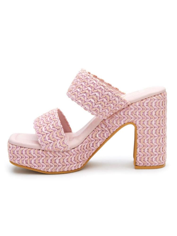 Pink Two Wide Band Backless Slip-On Square Platform Heeled Espadrille Sandals