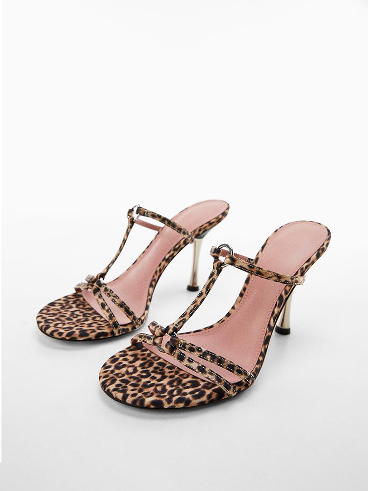 Leopard Print T-Strap Ring Backless Slip-On Round Flared Heeled Sandals