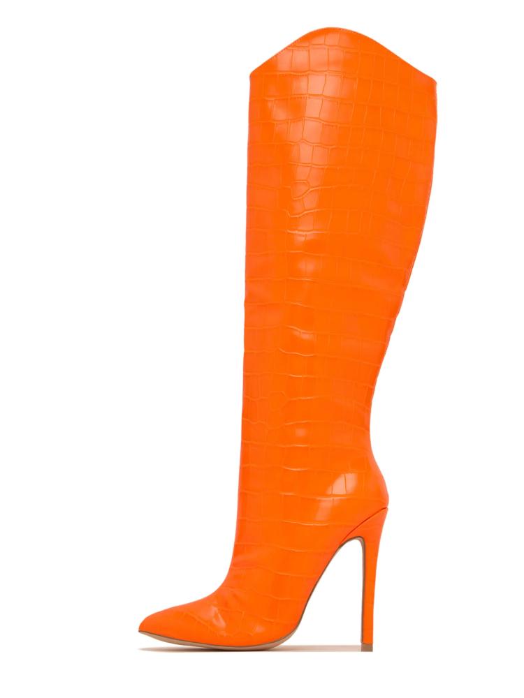 Crocodile Zip Pointy Stiletto Heeled Mid Calf Boots For Women