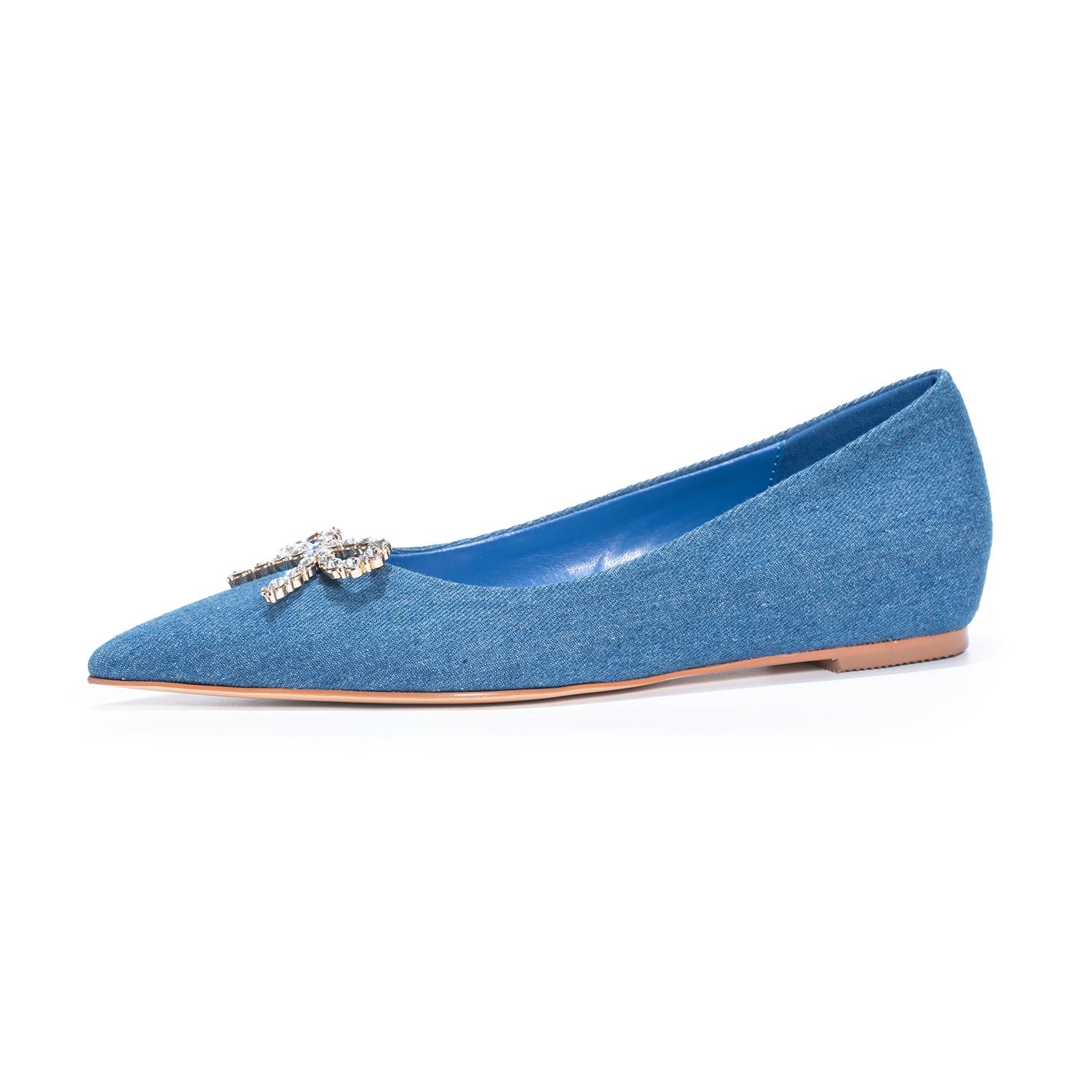 Blue Denim Rhinestone Bow Pointed Ballet Flats For Women