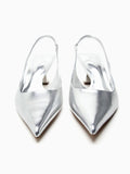 Metallic Silver Pointy Kitten Slingback Pumps For Women