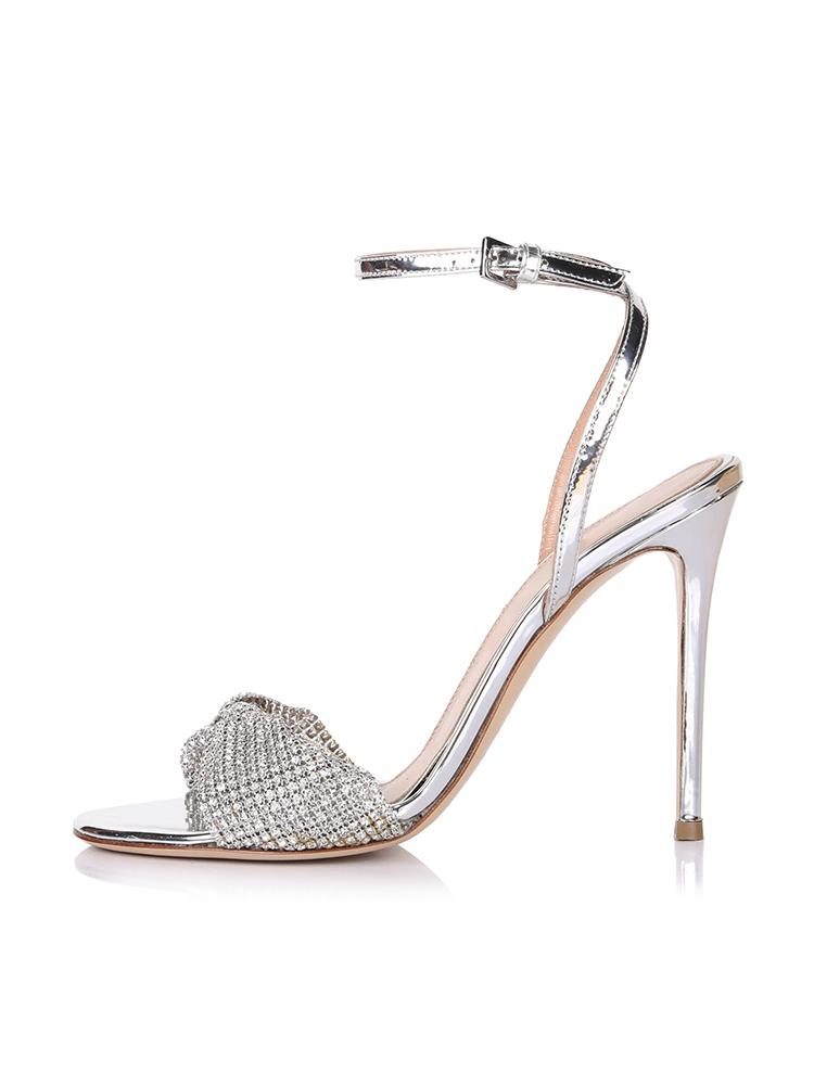 Metallic Silver Rhinestone Twist Strap Stiletto Heel Dress Sandals With Buckle Ankle Strap