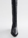 Black Embroidered Wide Calf Knee High Cowgirl Boots Block Heeled Western Tall Boots